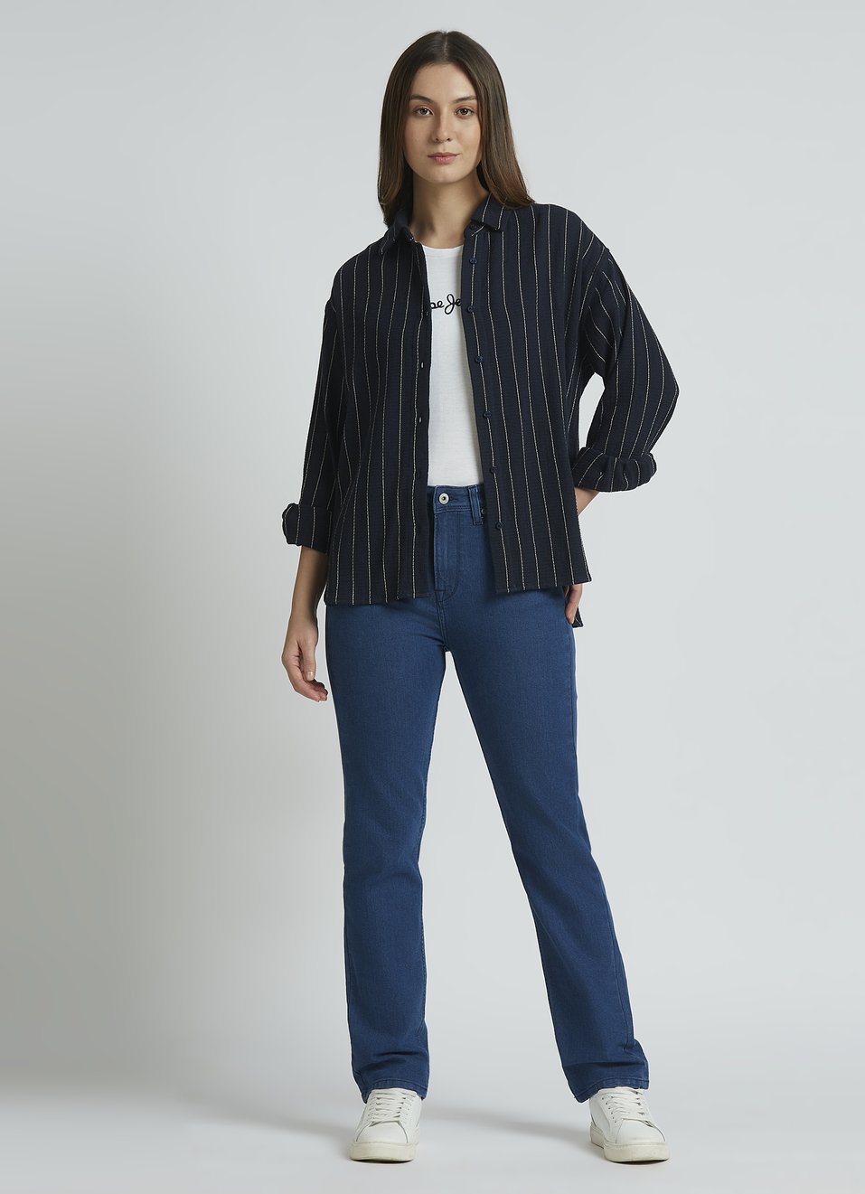 Navy Oversized Stripes Full Sleeve Shirt, , large image number 5