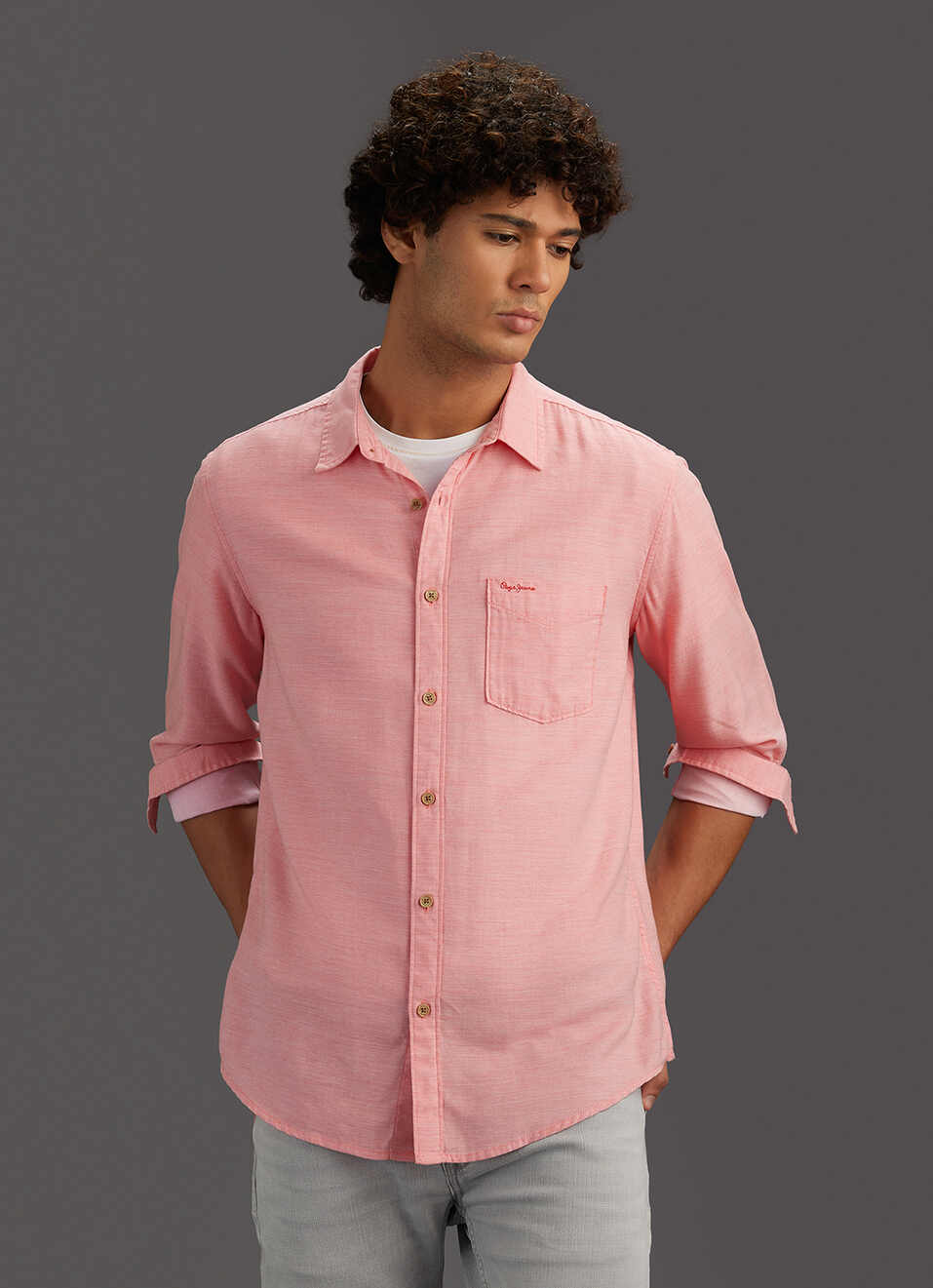 Men Coral Pink Solid Regular Fit Cotton Lyocell Shirt, , large image number 5