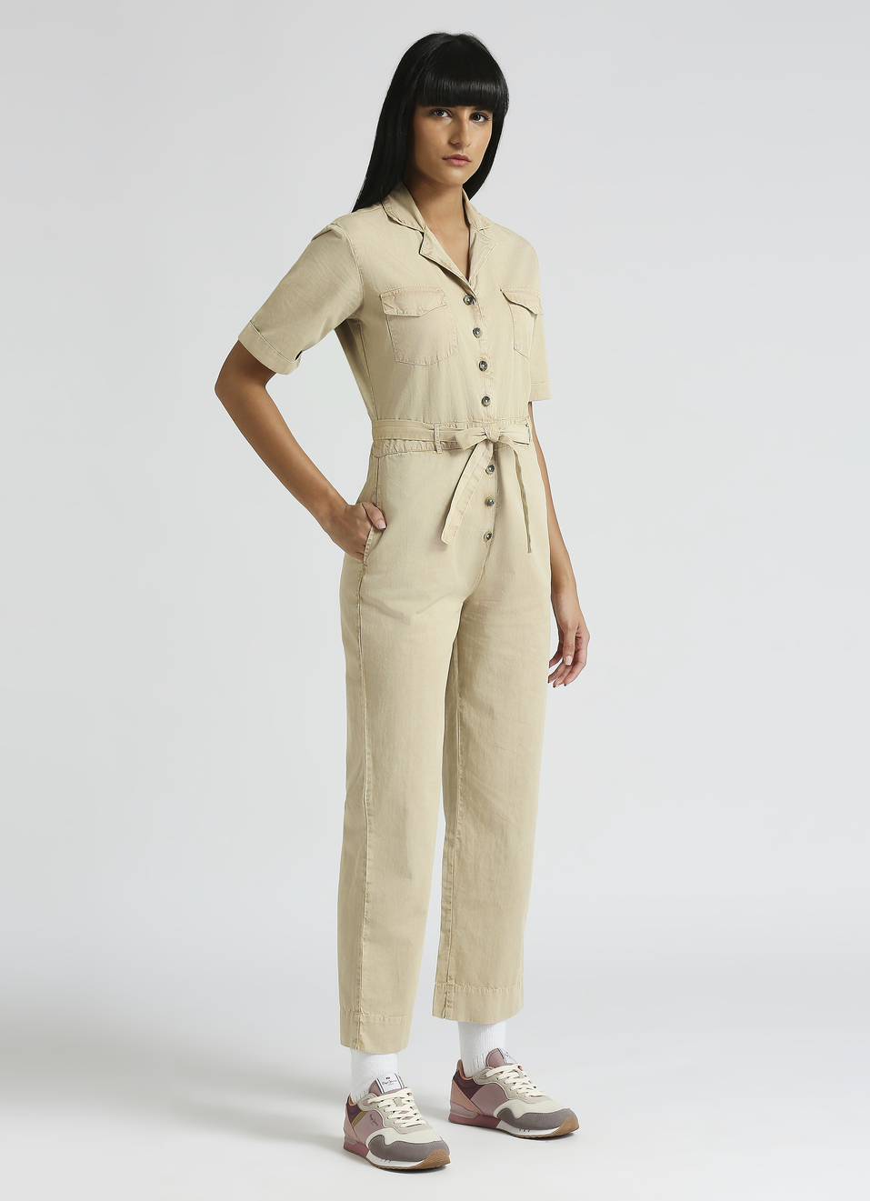 Beige Lapel Collar Short Sleeve Jumpsuit, , large image number 3