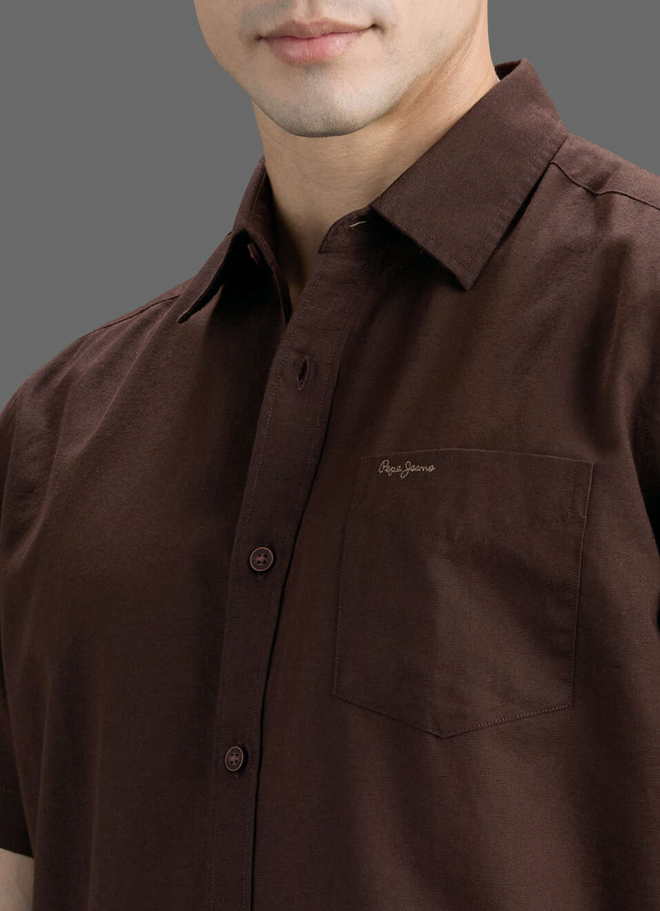 Men Brown Solid Cotton Linen Short Sleeve Shirt, , large image number 1