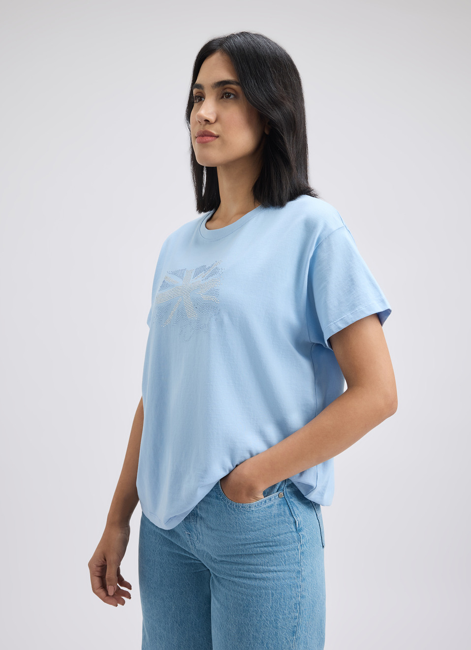 Women Blue Embellished Union Jack Print Short Sleeve T-shirt, , large image number 3