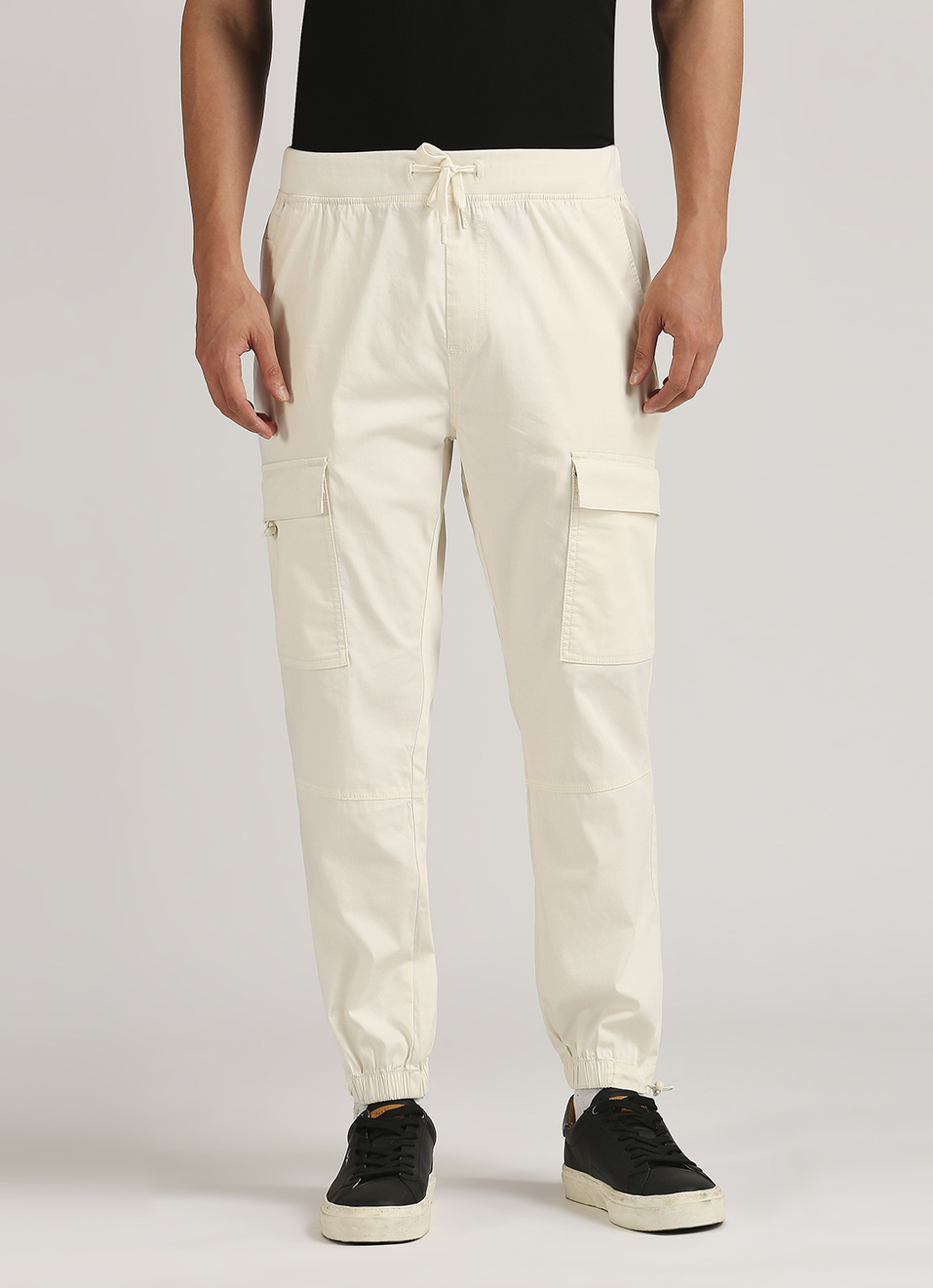 Off White Solid Patch Pockets Joggers, , large image number 2