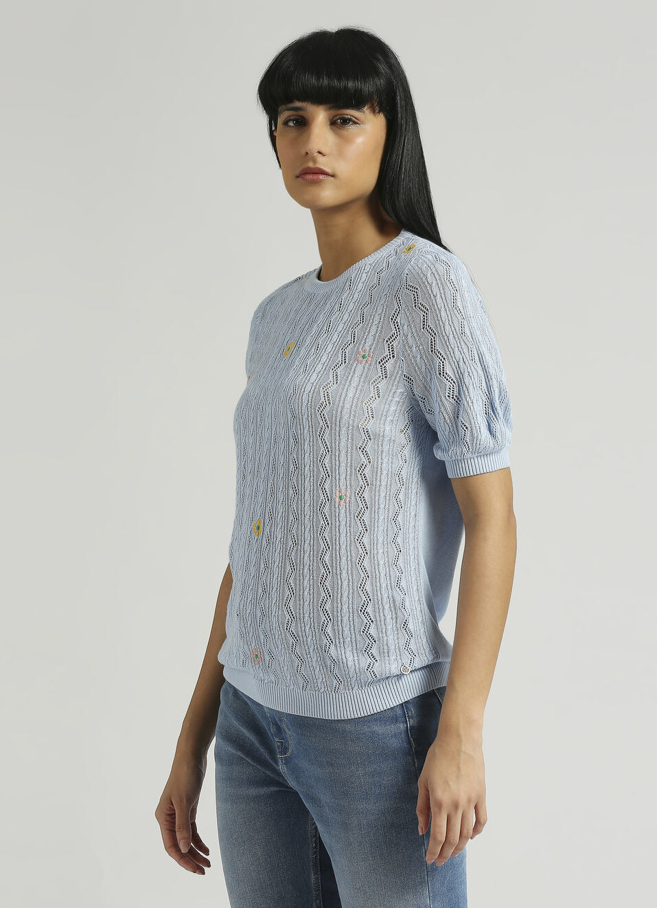 Light Blue Embroidered Short Sleeve Flat Knit Top, , large image number 3
