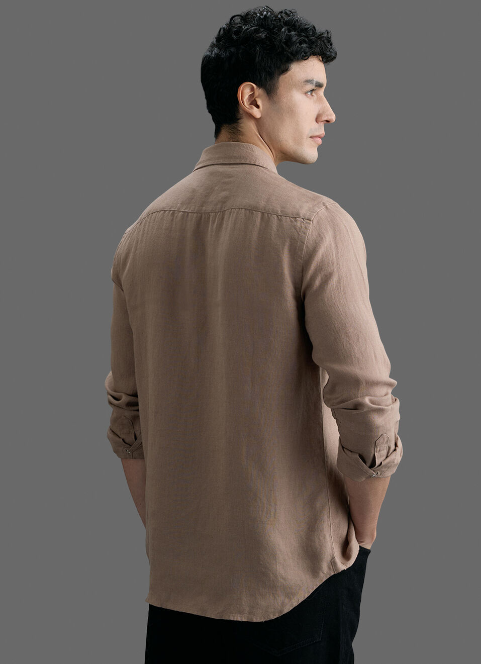 Men Brown Solid Pure Linen Long Sleeve Shirt, , large image number 6