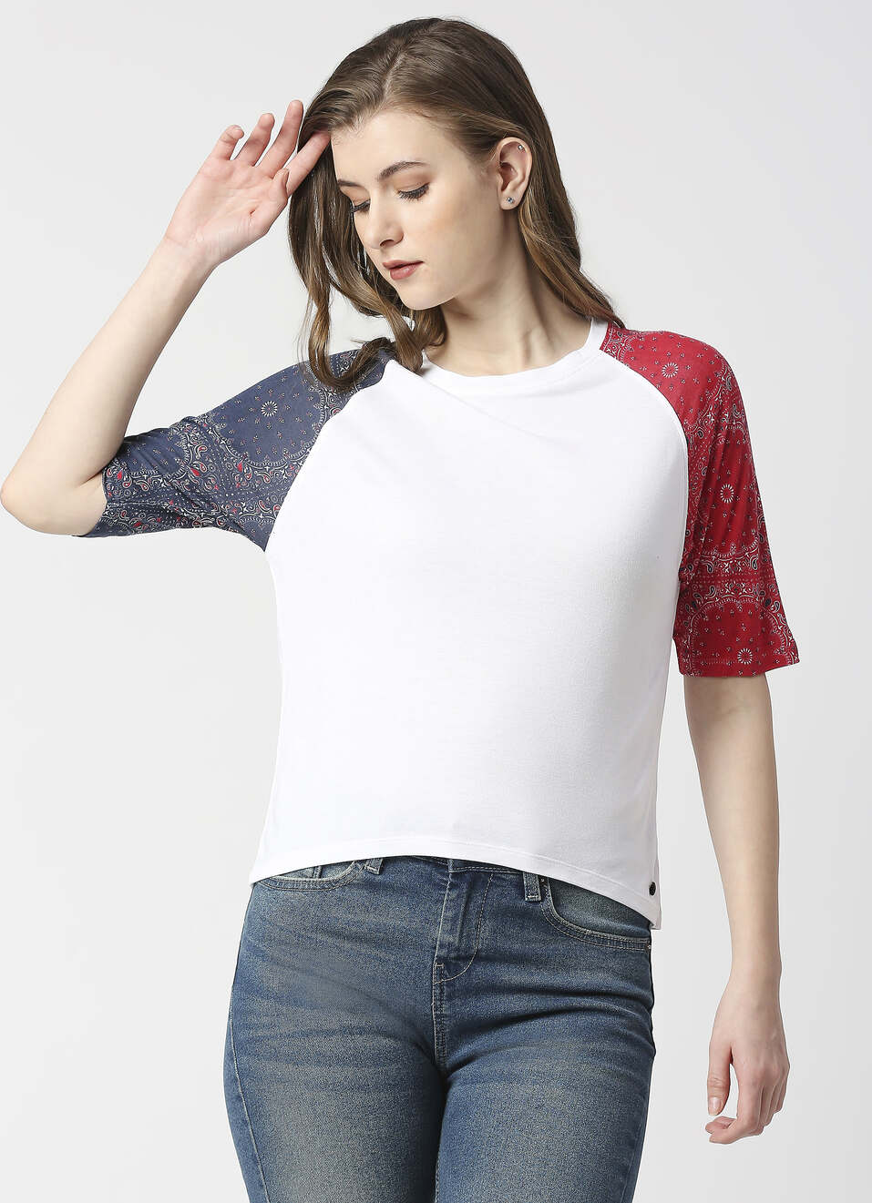 Bandana Sleeve Print Color Block T-shirt, , large image number 1