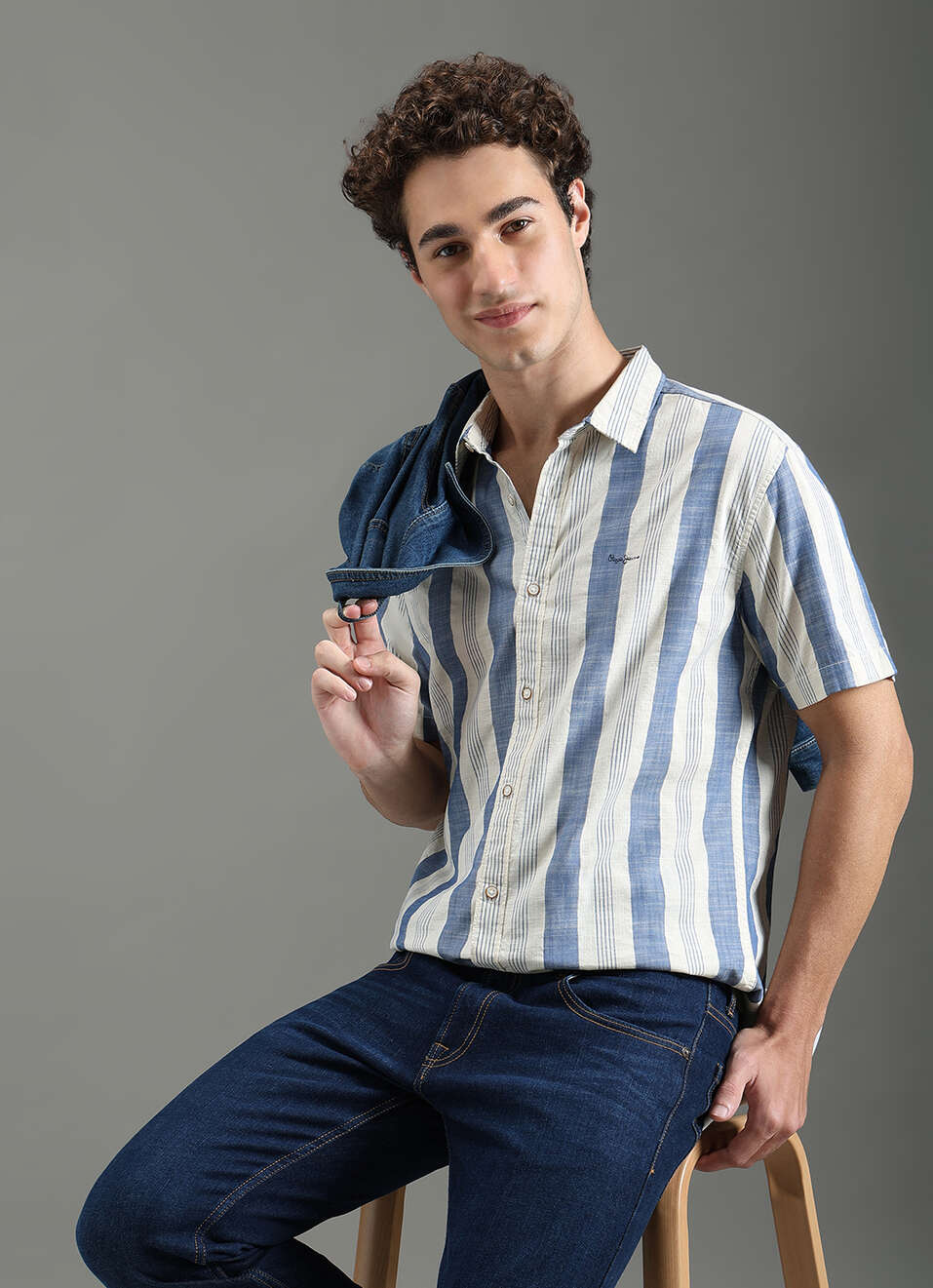 Men Blue Striped Shirt, , large image number 0