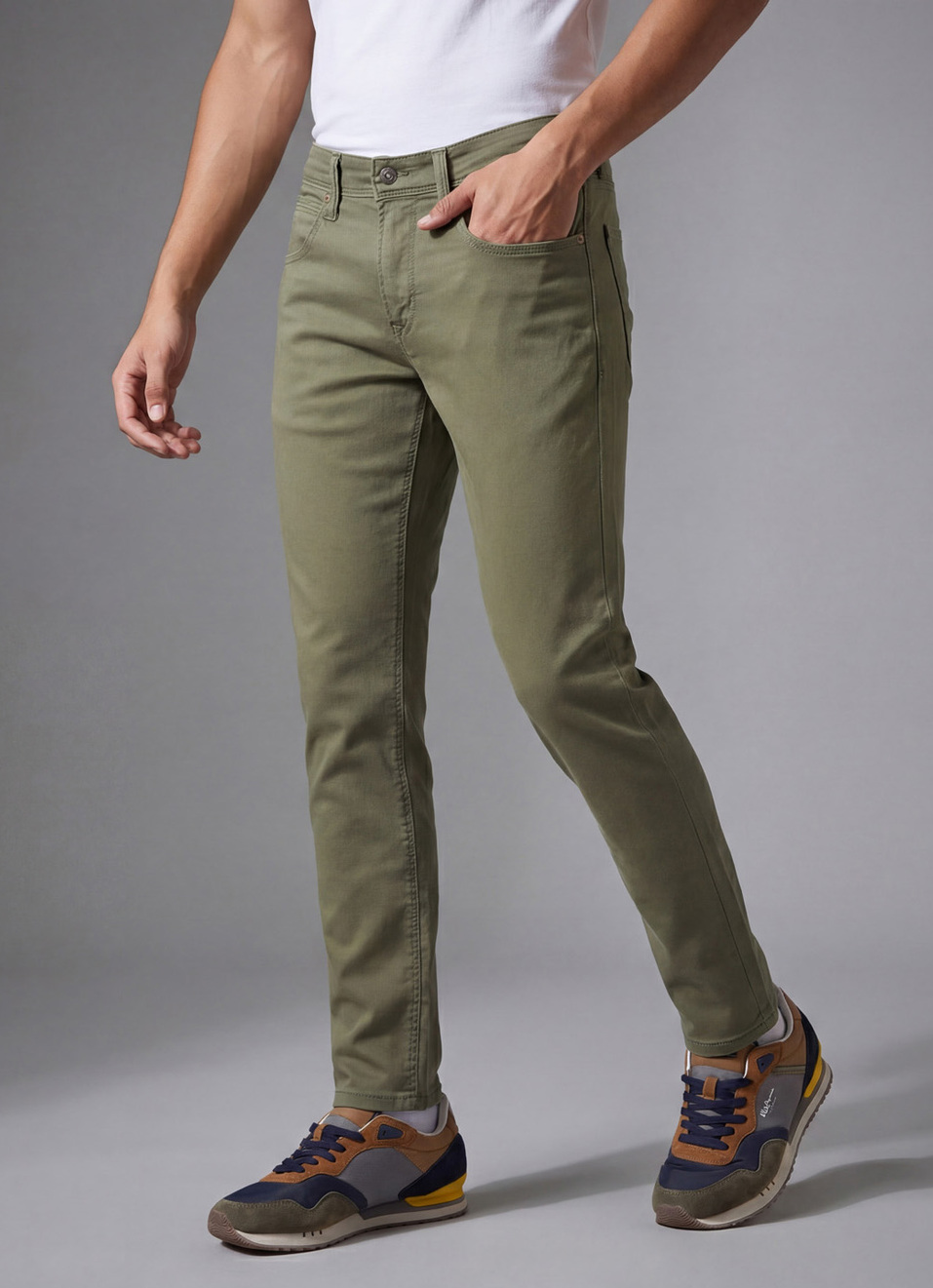 Men Olive Mid Rise Slim Fit Gymindigo Jeans, , large image number 0