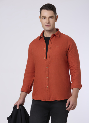 Men Wine Red Pure Linen Full Sleeve Shirt