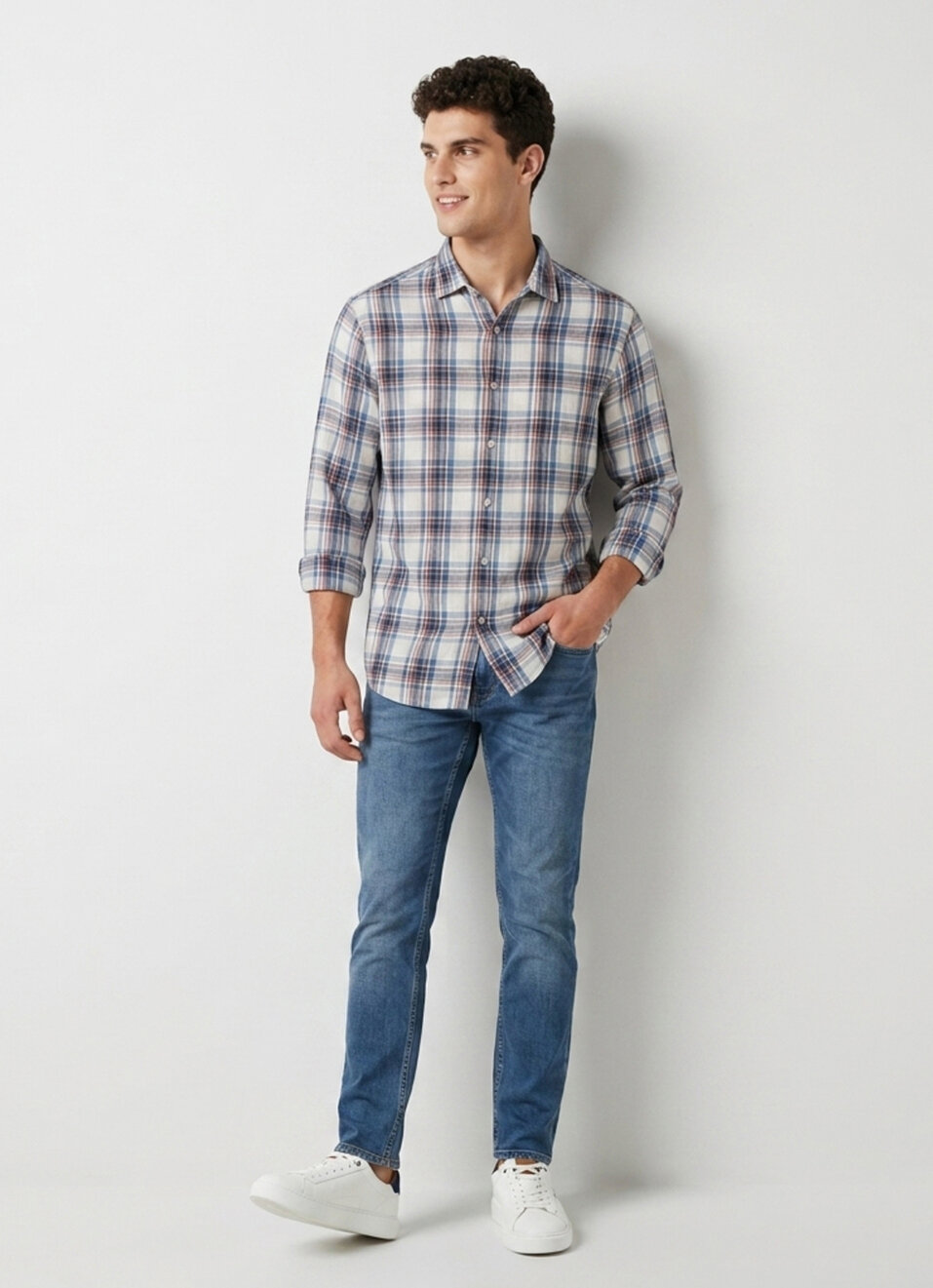 Men Blue Checked Long Sleeve Shirt, , large image number 5