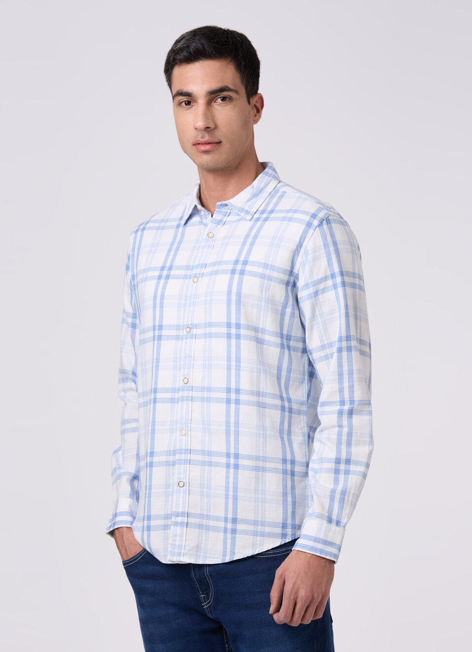 Men Sky Blue Checked Shirt, , large image number 3