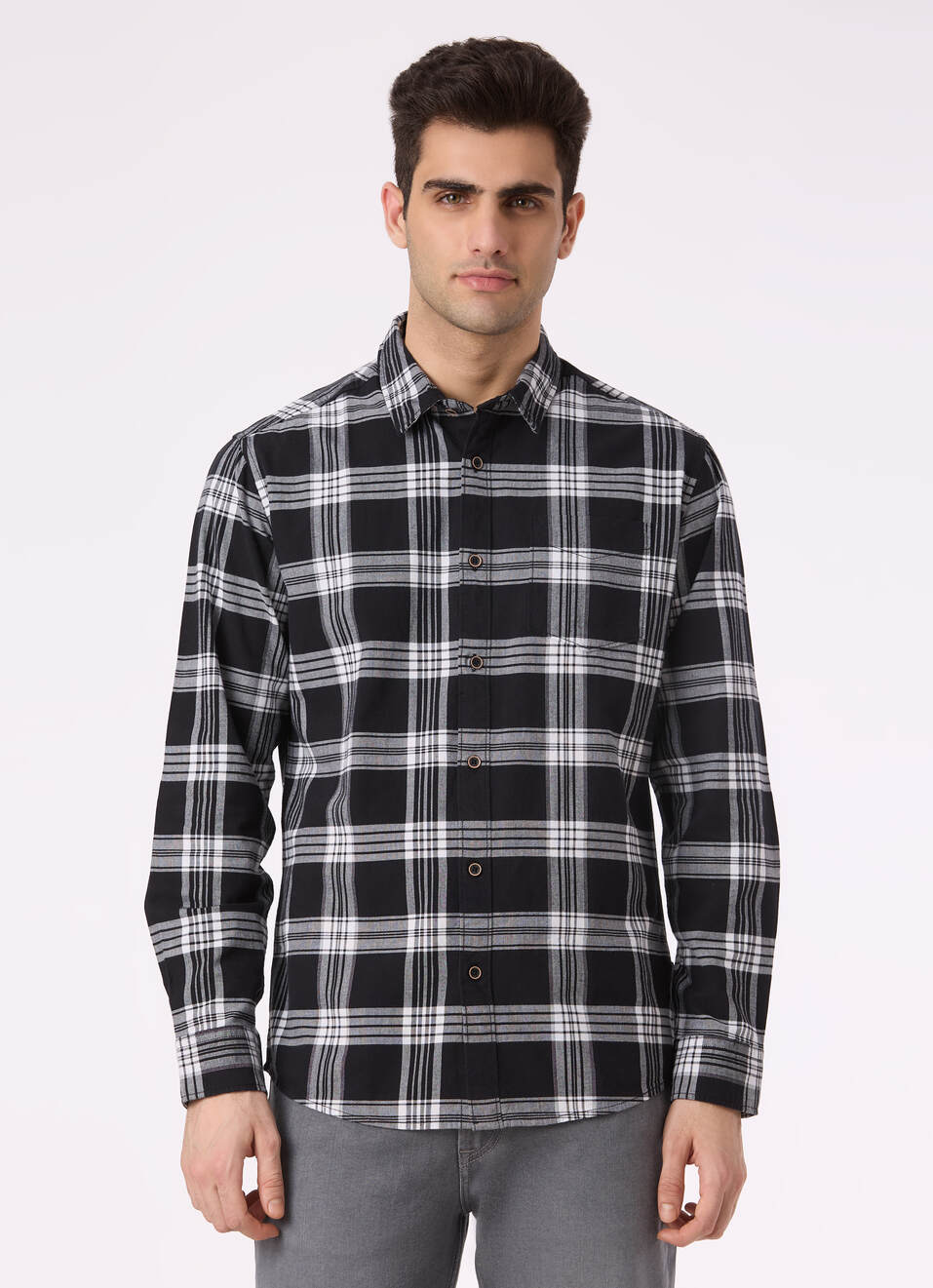 Men Black Regular Fit Check Full Sleeve Shirt, , large image number 1
