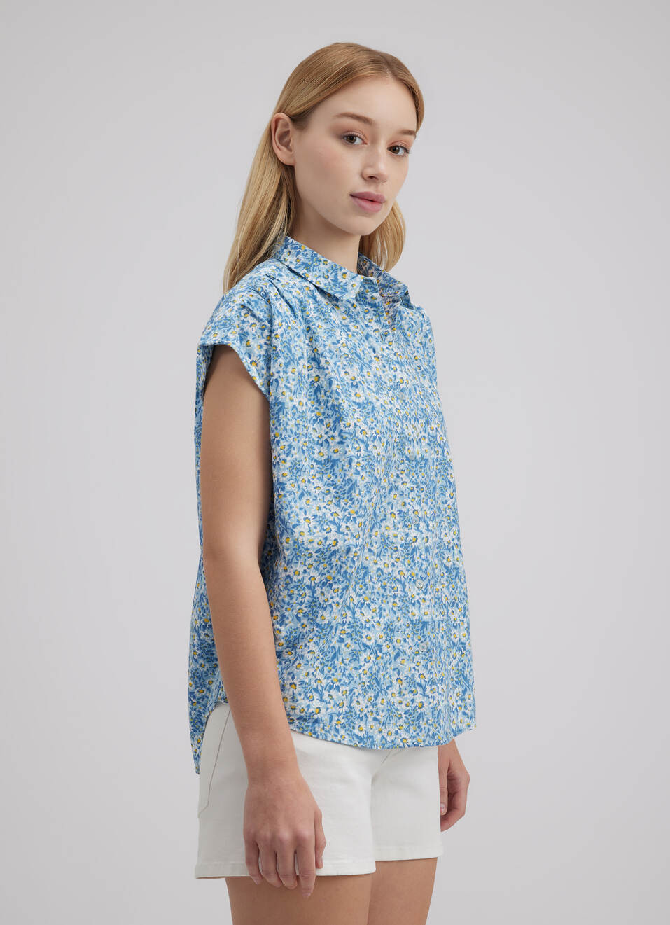 Women Blue Floral Print Short Sleeve Shirt, , large image number 3