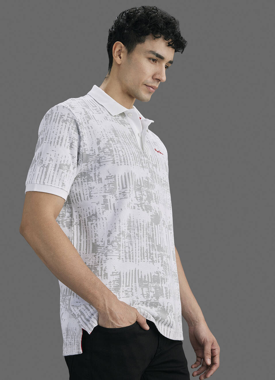 Men Off White Printed Polo Collar T-shirt, , large image number 5