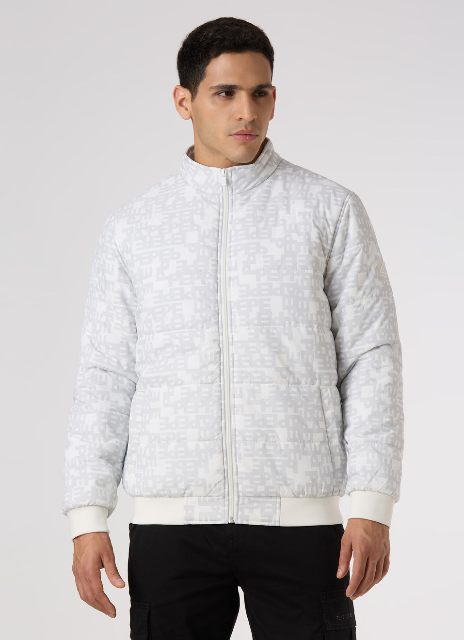 Men Black All Over Print Quilted Puffer Jacket, , large image number 1