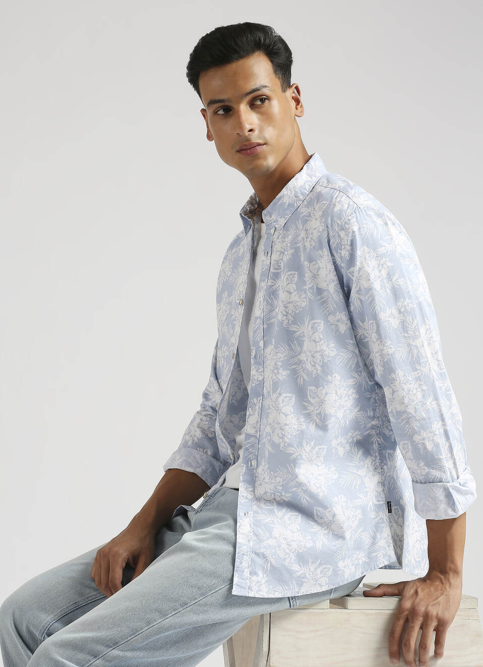 Sky Blue Floral Print Long Sleeve Shirt, , large image number 0