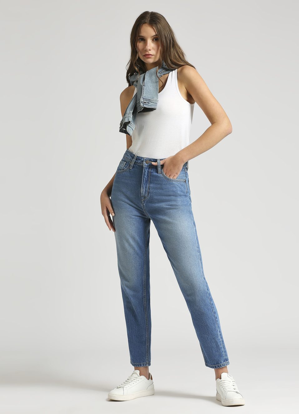 Light Blue Mid Waist Mom Fit Jeans, , large image number 0