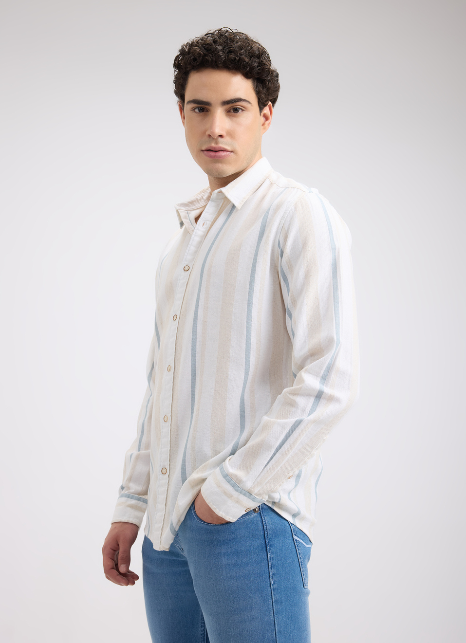 Men Beige Stripe Full Sleeve Shirt, , large image number 3