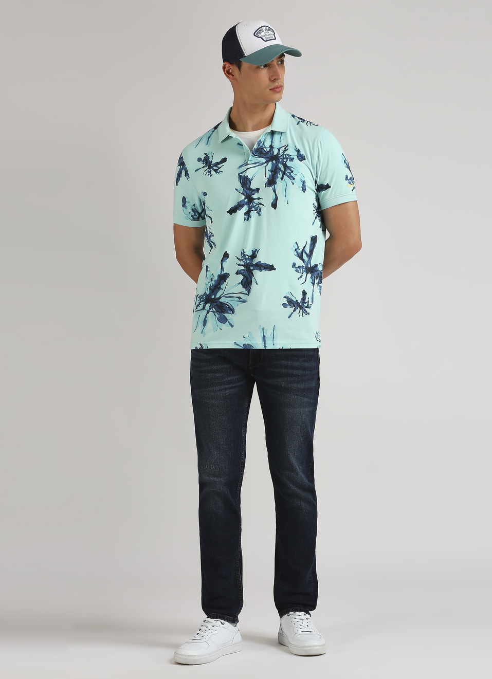 Green  Floral Print Short Sleeve Stretch Polo, , large image number 5
