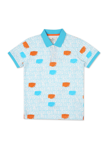 Boys Blue Typographic Print Short Sleeve Polo