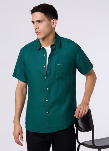 Men Green Short Sleeve Linen Shirt