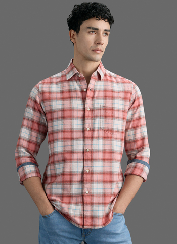 Men Red Checked Brushed Long Sleeve Shirt