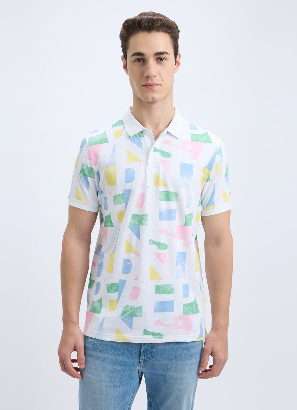 Men White Graphic Print Short Sleeve Polo, , large image number 1