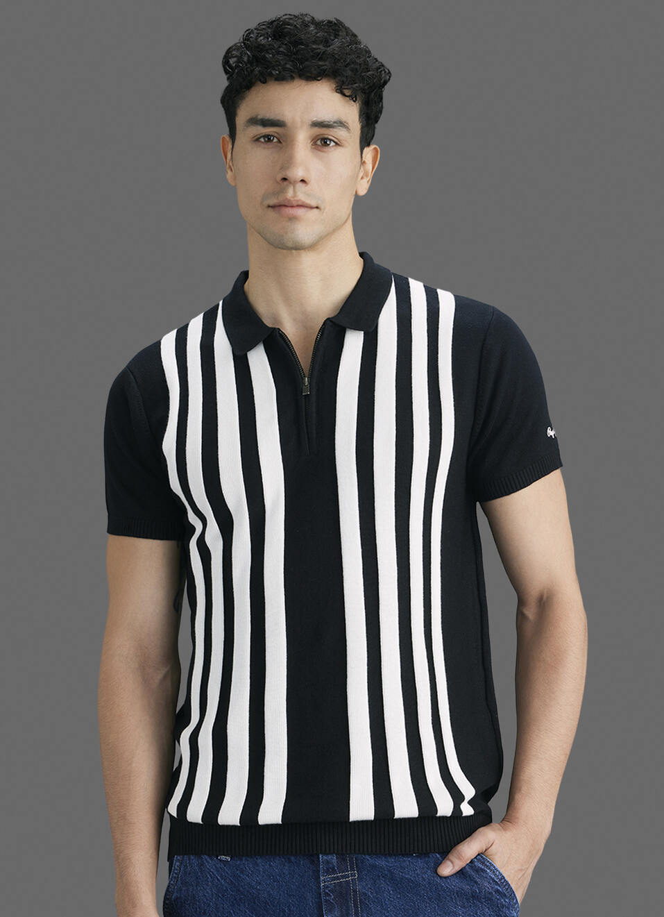 Men Black Striped Flat Knit Polo Collar T-shirt, , large image number 5