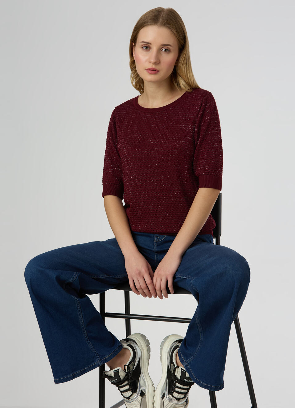 Women Red Textured Regular Fit Knit Top, , large image number 0