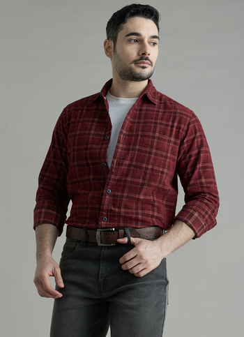 Men Wine Checked Corduroy Long Sleeve Shirt