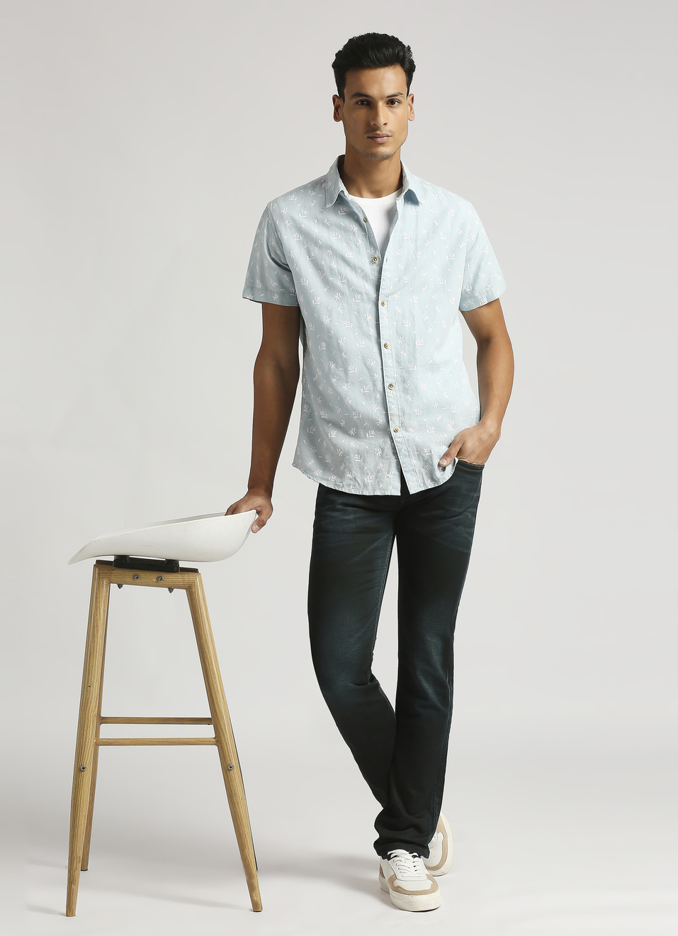 Blue All Over Printed Linen Short Sleeve Shirt, , large image number 5
