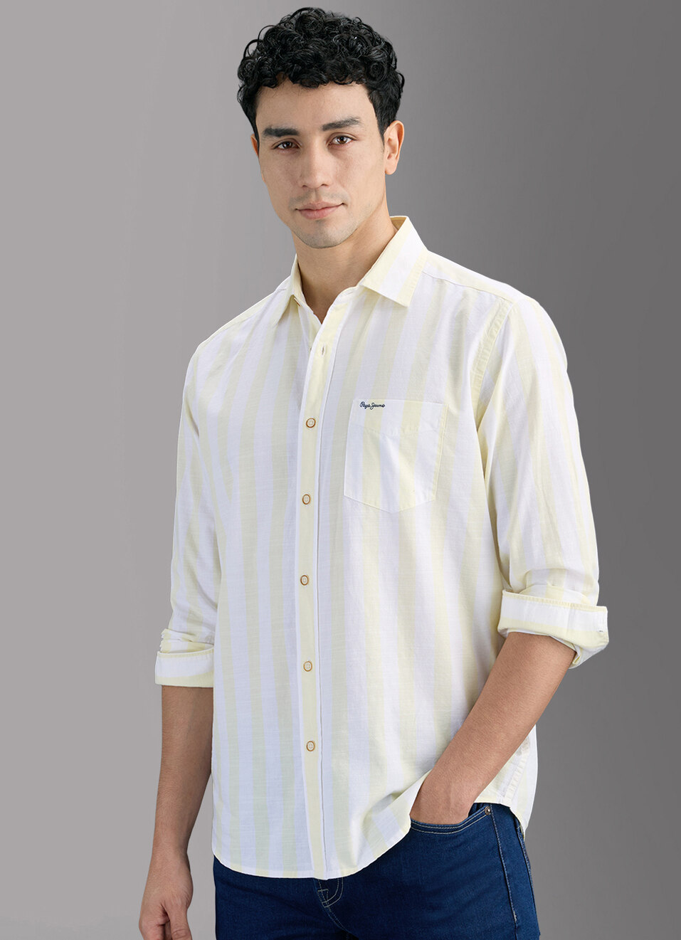 Men Yellow Striped Shirt, , large image number 7