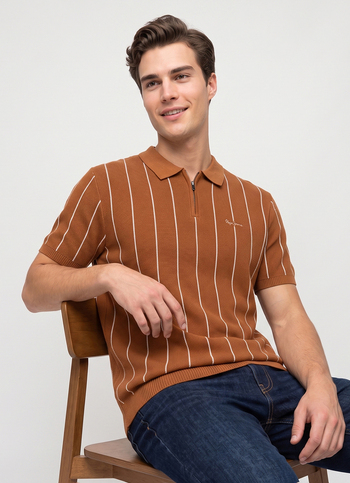 Men Orange Striped Flat Knit Polo Collar T-shirt