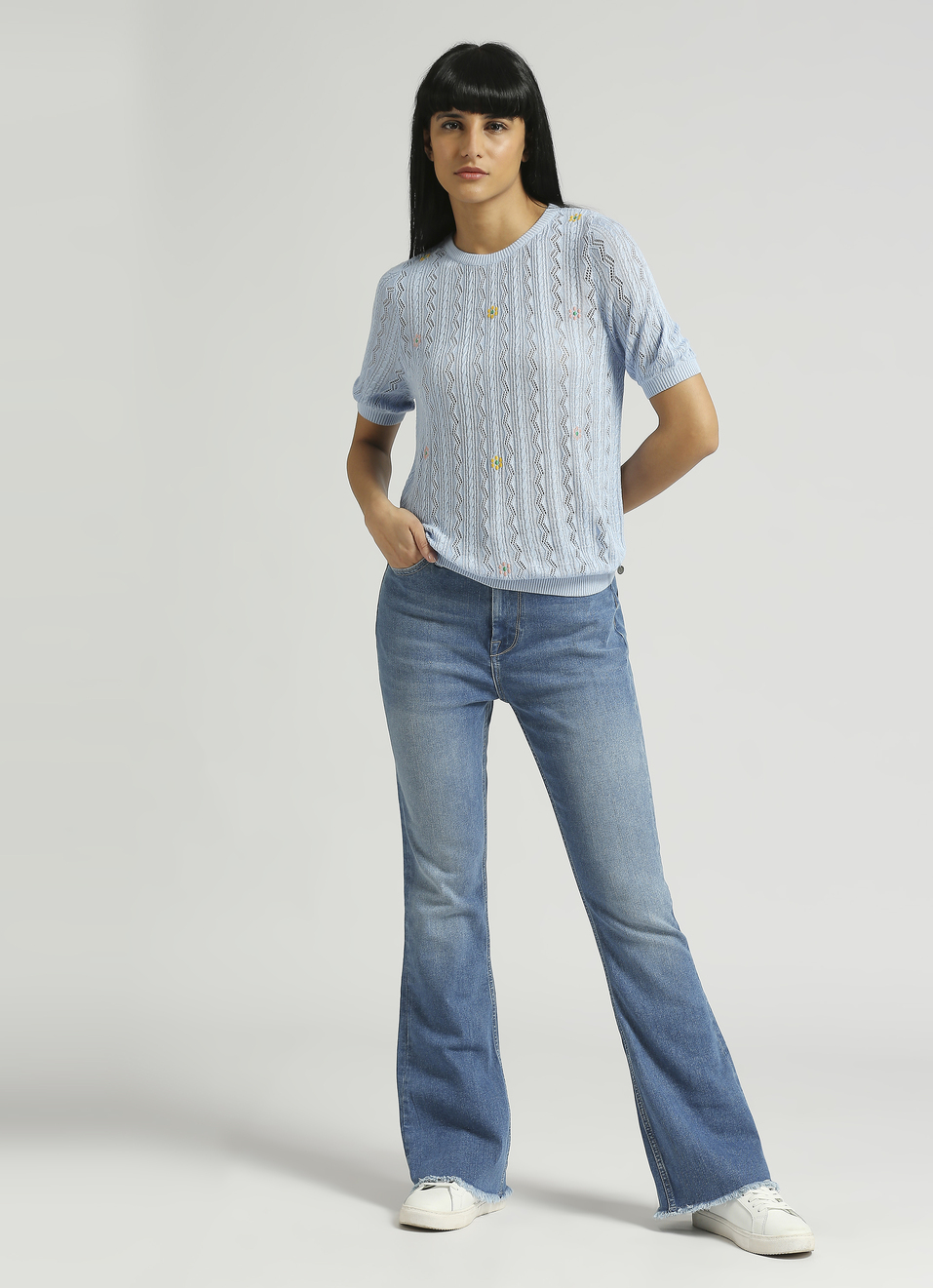 Light Blue Embroidered Short Sleeve Flat Knit Top, , large image number 5
