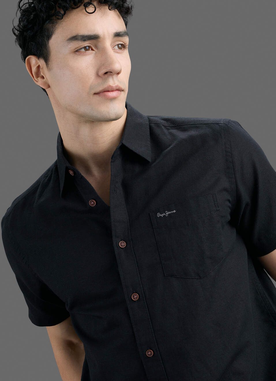 Men Black Solid Cotton Linen Short Sleeve Shirt, , large image number 4