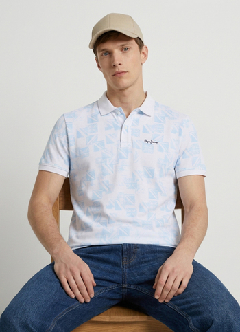 Men White Printed Polo Collar T-shirt