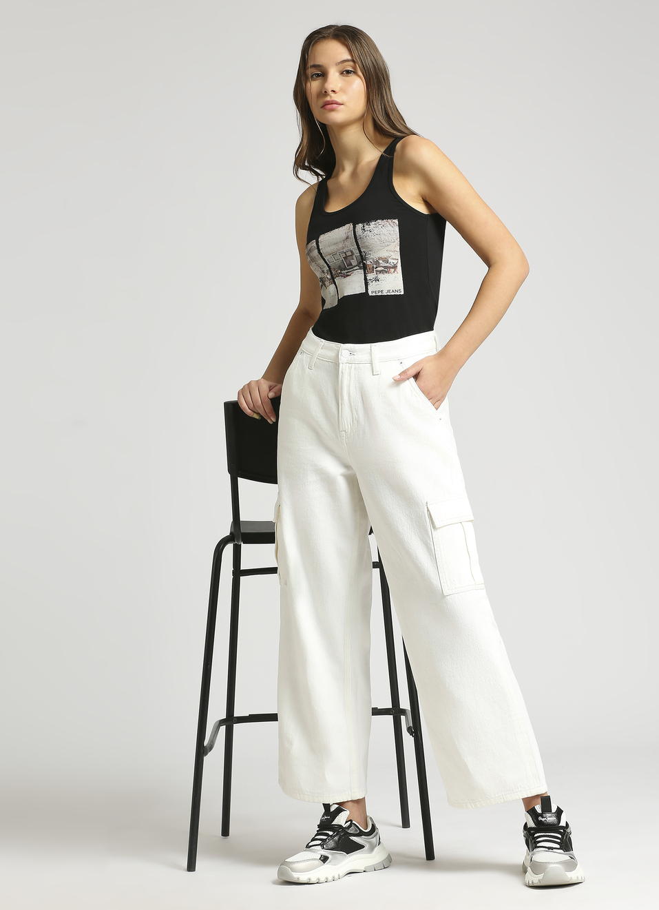 Cargo Straight Fit High Waist White Jeans, , large image number 5
