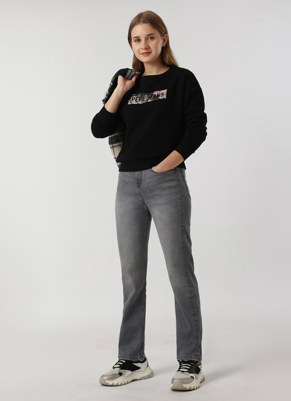 Women Black Comfort Fit Camouflage Logo Crew Neck Sweatshirt, , large image number 5