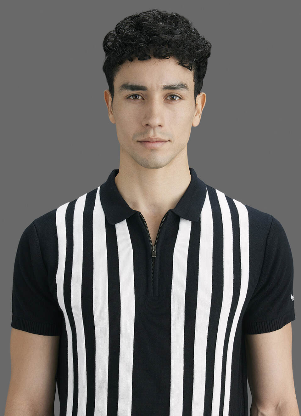 Men Black Striped Flat Knit Polo Collar T-shirt, , large image number 4