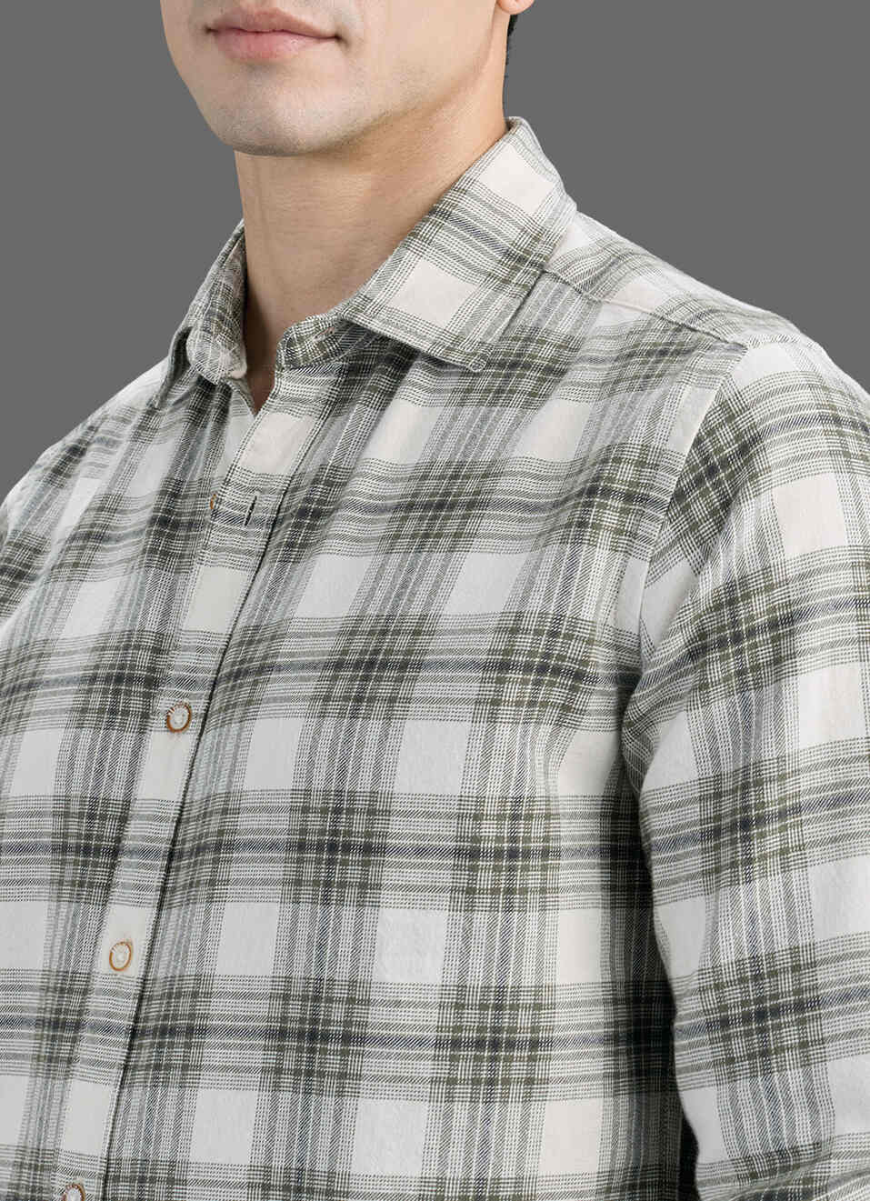 Men Olive Green Checked Brushed Twill Long Sleeve Shirt, , large image number 1
