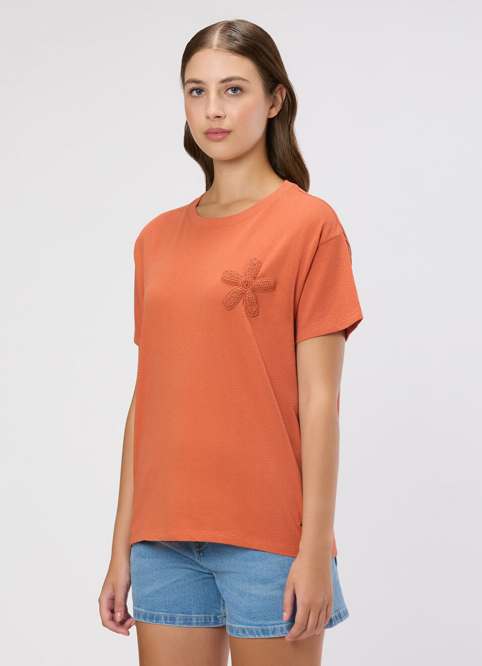 Women Orange Crochet Patch T-shirt, , large image number 3