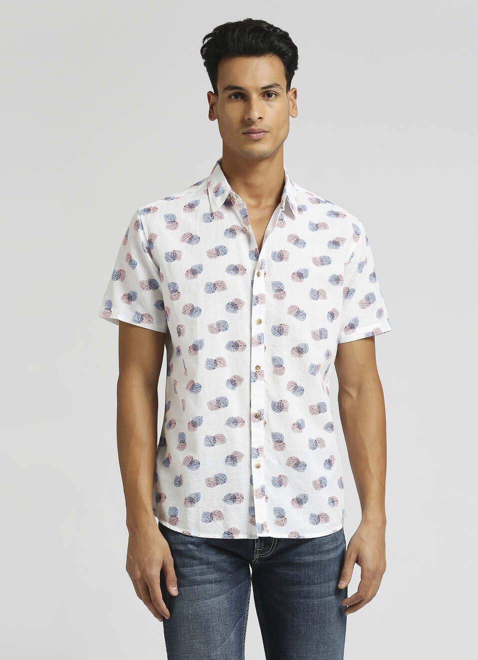 Sky Blue All Over Printed Linen Short Sleeve Shirt, , large image number 1