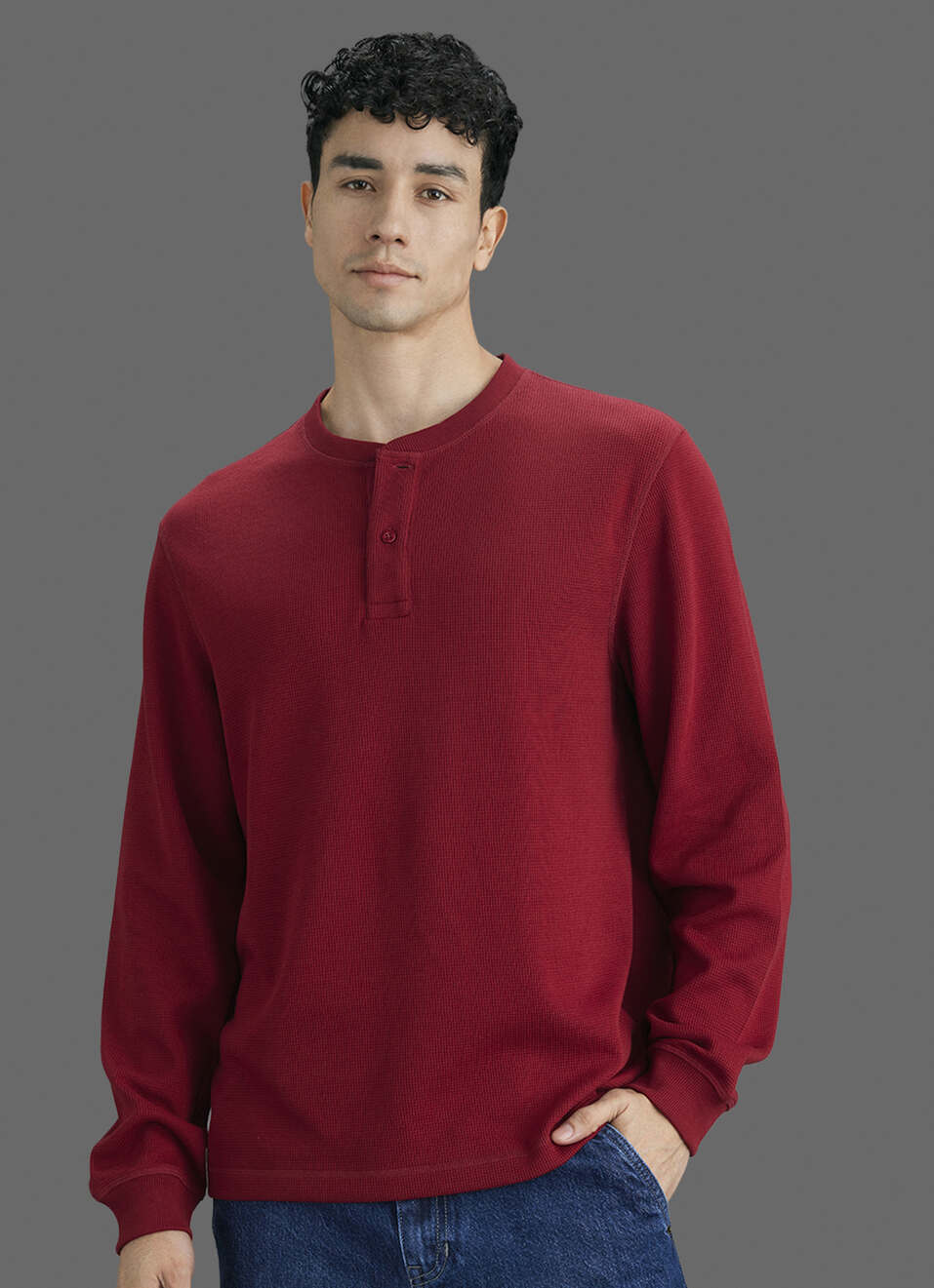 Men Red Solid Slim Fit Long Sleeve Henley T-shirt, , large image number 5