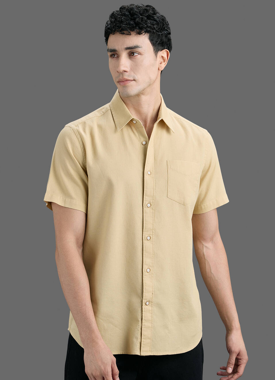Men Beige Solid Dobby Short Sleeve Shirt, , large image number 5