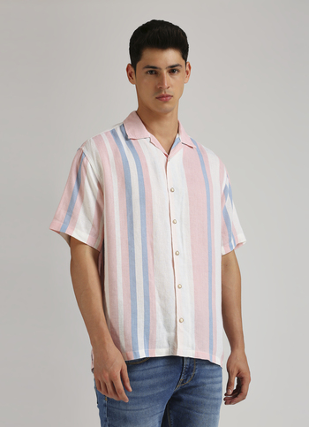 Pink Stripes Resort Collar Linen Short Sleeve Shirt