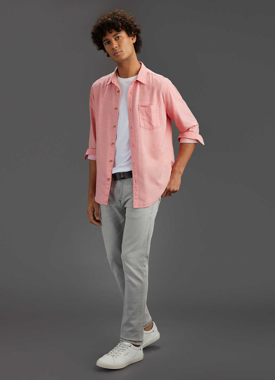 Men Coral Pink Solid Regular Fit Cotton Lyocell Shirt, , large image number 2