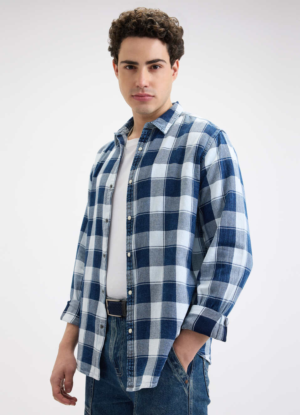 Men Blue Check Full Sleeve Shirt, , large image number 0