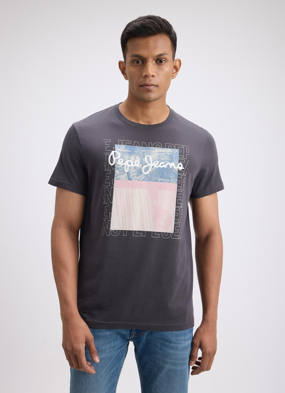 Men Grey Photographic Print Short Sleeve T-shirt, , large image number 1