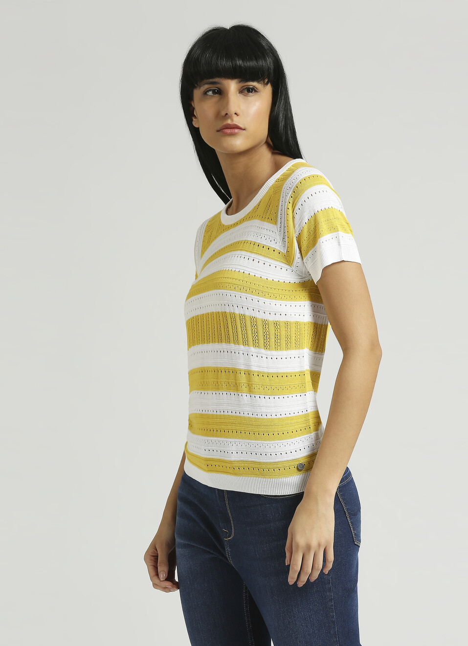 Yellow Stripes Self Design Flat Knit Top, , large image number 3