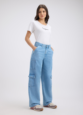 Women Blue Straight Fit High Rise Cargo Jeans