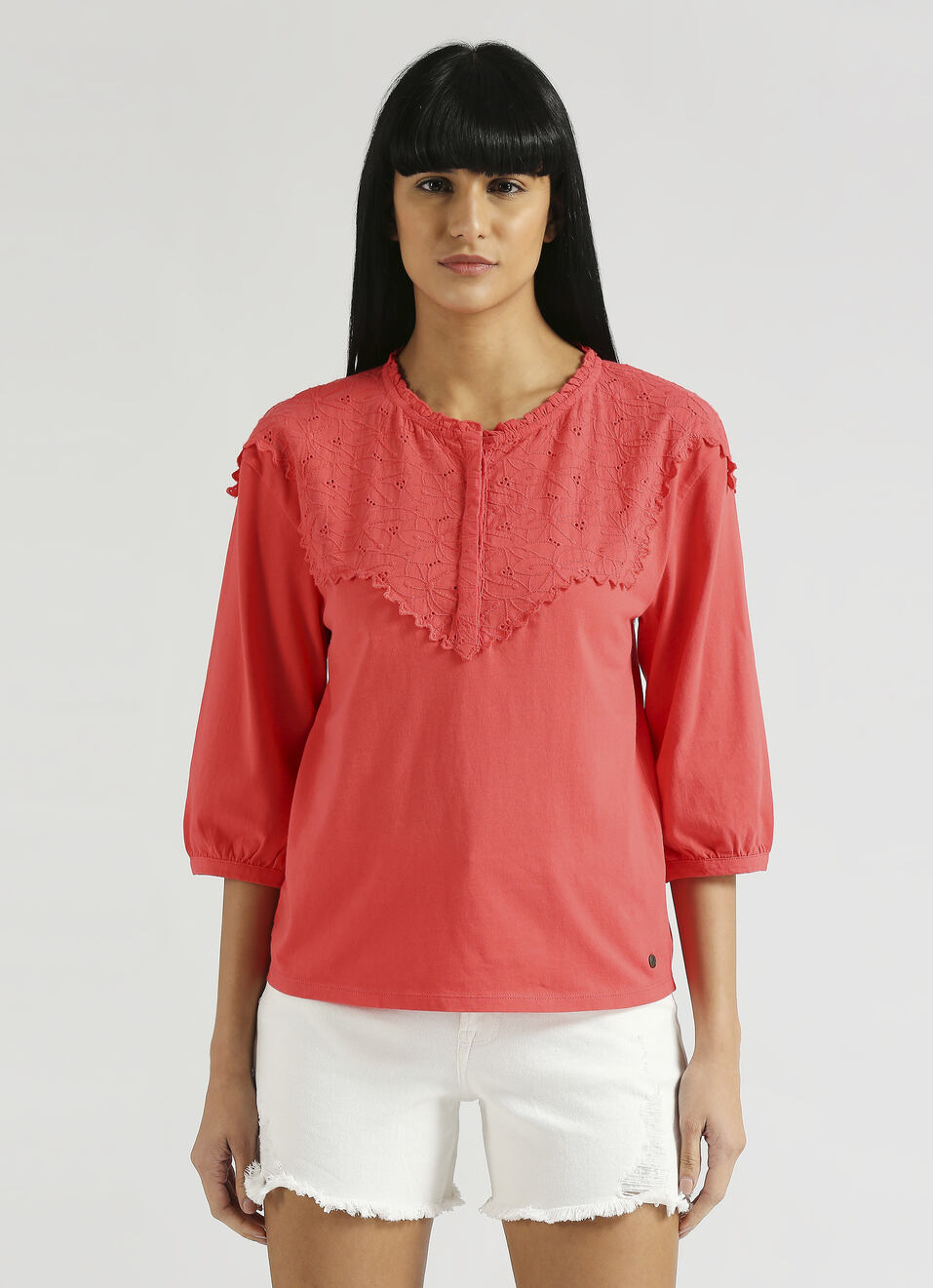Red Lace Detail Half Button Placket Top, , large image number 1